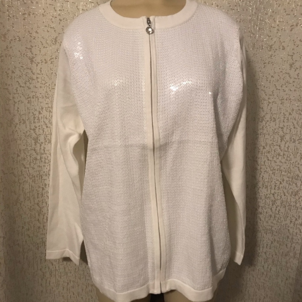 Quacker Factory White Sequins Zip Up Sweater, S - image 1